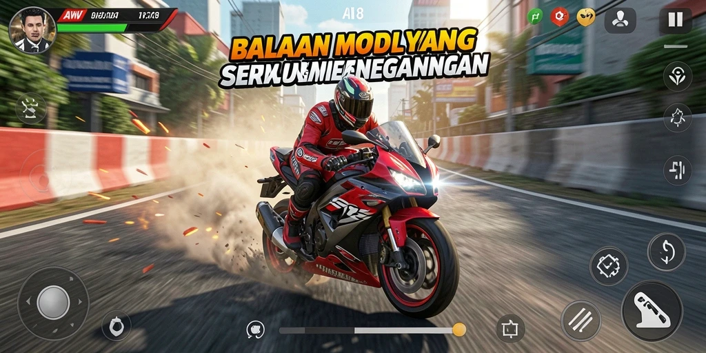 Screenshot menunjukkan aksi balapan motor yang intens dan menegangkan.