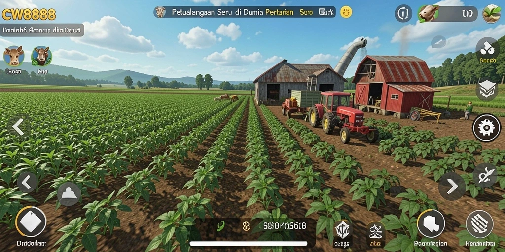 Tangkapan layar gameplay CW8888 menampilkan suasana pertanian yang hidup dan interaktif.
