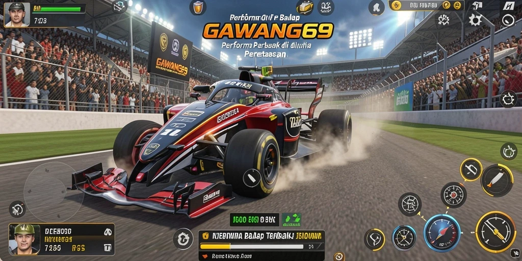 Tampilan gameplay seru GAWANG69 saat balapan di lintasan.