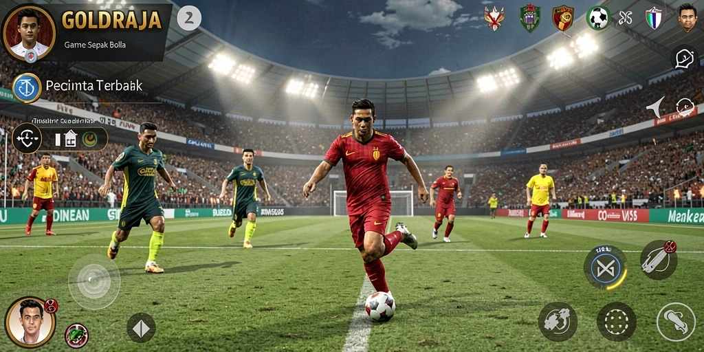 Tampilan aktivitas gameplay dalam GOLDRAJA dengan grafik sepak bola yang realistis.