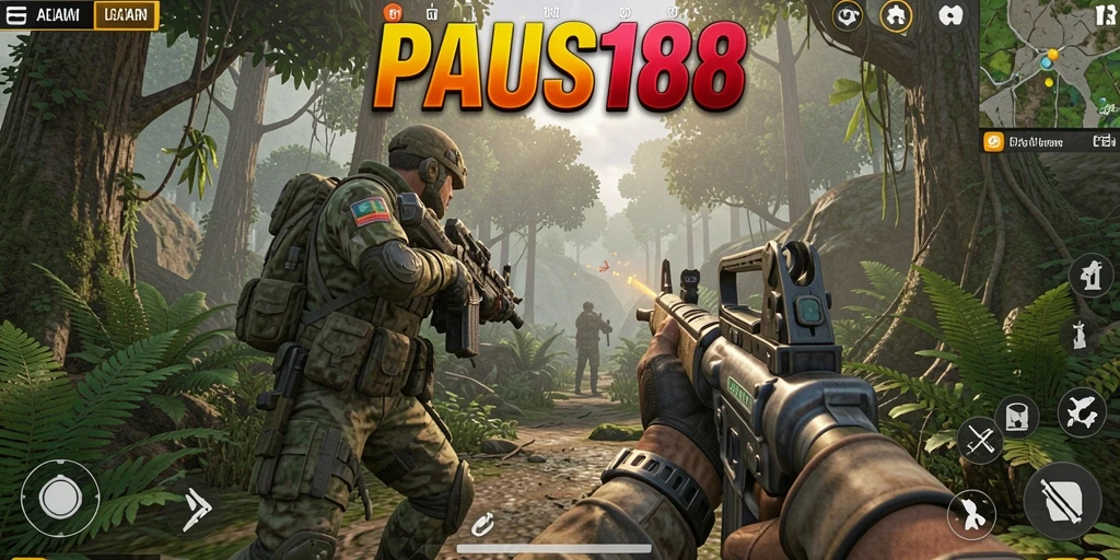 Screenshot utama PAUS188 menampilkan aksi intens dalam gameplay FPS.